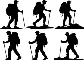 Collection of Hiker in mountains silhouettes in different poses, Silhouette set of hiker, white background vector