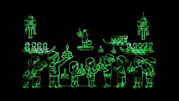 Glowing looping loy kratong day Tourists participating in Loy Krathong. neon frame effect, black background. video