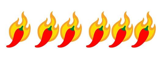 Three levels of spicy markers. Mild, medium and hot. Peppers over a flame. Flat illustration isolated on white. vector