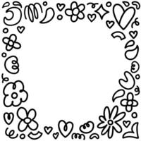 Flowers and paisley abstract doodles square border. Hand drawn black thin line illustration. Cute doodle black and white irregular frame with empty space in the middle. vector
