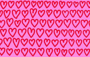 Bold marker hearts doodles pattern. Line hand drawn doodle background. Rows of red hearts on a pink background. vector