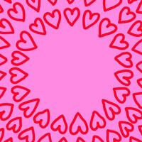 Bold marker hearts doodle round pattern. Line hand drawn doodle background. Circle of red hearts on a pink background. vector
