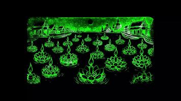 Glowing looping loy kratong day krathongs floating on the water. neon frame effect, black background. video