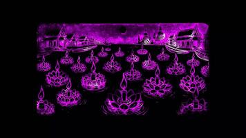 Glowing looping loy kratong day krathongs floating on the water. neon frame effect, black background. video