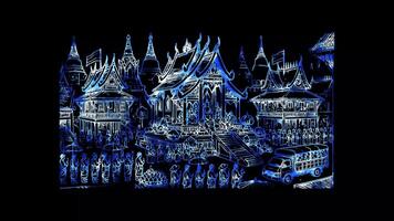 Glowing looping loy kratong day historical depiction of Loy Krathong in Sukhothai. neon frame effect, black background. video