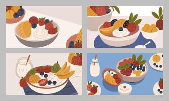 Set of Healthy Breakfast with Fruits and Yogurt vector