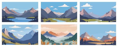 Set of Illustrations of Mountain and Lake Scenery with Clear Sky vector