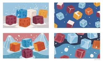 Set of Ice Cubes Melting with Steam and Water Splashes, Colorful and Dynamic vector