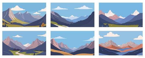 Set of Illustrations of Mountain and Lake Scenery with Clear Sky vector