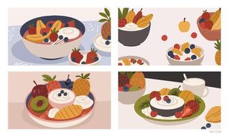 Set of Healthy Breakfast with Fruits and Yogurt vector