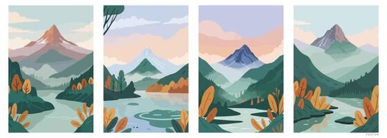Set of Illustrations of Mountain and Lake Scenery with Clear Sky vector