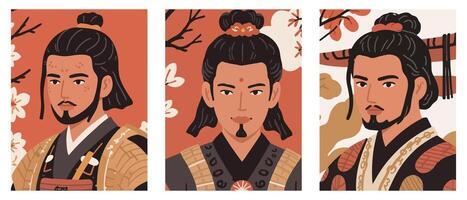 Set of Fictional Samurai's Face in Traditional Attire vector
