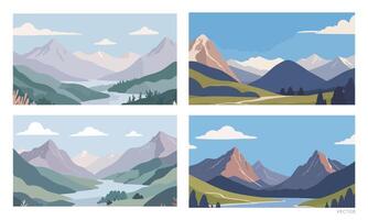 Set of Illustrations of Mountain and Lake Scenery with Clear Sky vector