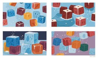 Set of Ice Cubes Melting with Steam and Water Splashes, Colorful and Dynamic vector