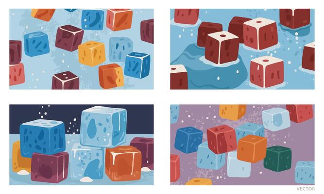 Set of Ice Cubes Melting with Steam and Water Splashes, Colorful and Dynamic