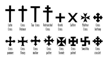 Various types of historical cross symbols with names, bold and black silhouette designs, icon set illustrations. vector