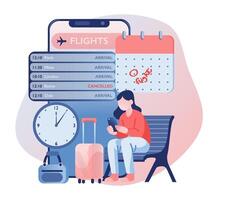 Girl at airport using app to check flight status. vector