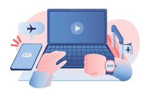 Working on a laptop in the airport terminal. vector