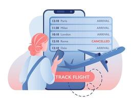 Mobile flight tracking app, girl with phone vector