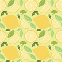 Seamless lemon pattern with whole lemons, slices, and green leaves on a yellow background vector
