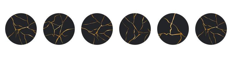 Highlight cover circle Kintsugi gold simple break lines, asian geaometric crackle. Social media frame surface with crack print, effect. Moderm cover golden broken texture. vector