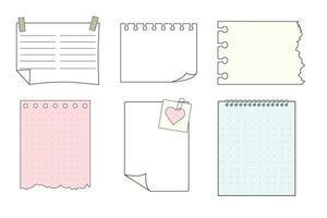 Memo sticky notes, sheet reminder, color office or school pages with tape, marks, pin, paperclip frames doodle style. Notebook bullet dairy list, funny retro drawing. vector