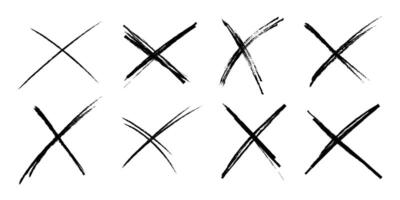 Cross sketch grunge scribble set X shape sign, mark on white background. Strikethrough textured brush charcoal or marker hand drawn lines. vector