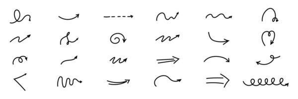 Spiral arrow doodle, wavy twist minimal squiggly line set. Curve comic turn way direction. Playful quirky simple free hand elements. vector