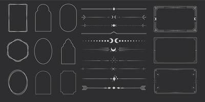 Silver celestial minimal esoteric frame, thin line border, divider mystyc linear decoration with dots, moon, stars corners isolated on dark background. Geometric shape, tarrot vector