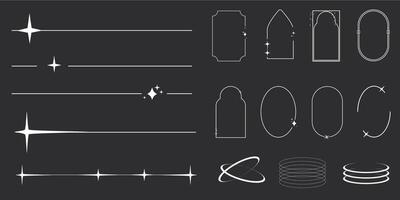 Set of y2k minimal geometric shapes thin line rings, abstract aesthetic element illustrated for banners, social media, poster design, sticker. Trendy design with frame, sparkles, star, lines vector