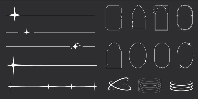 Set of y2k minimal geometric shapes thin line rings, abstract aesthetic element illustrated for banners, social media, poster design, sticker. Trendy design with frame, sparkles, star, lines