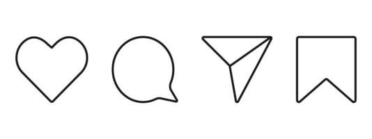 Instagram Media Icons interface social media like, chat, send and save symbols. Minimal ig set. Like notification, comment notification, follower notification social media vector