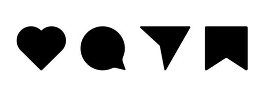 Media Icons interface social media like, chat, send and save symbols. Minimal ig set. Like notification, comment notification, follower notification social media vector