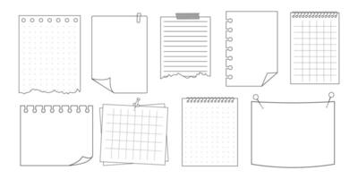 Memo sticky note reminder sheet paper. Doodle paper frame, check list with pin, tape, paperclip elements. Set cute notes, office or school messages. vector