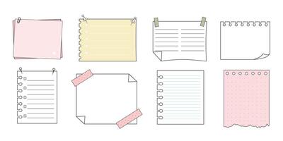 Memo sticky notes, sheet reminder, color office or school pages with tape, marks, pin, paperclip frames doodle style. Notebook bullet dairy list, funny retro drawing. vector