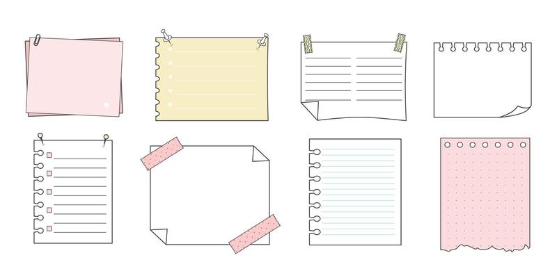 Memo sticky notes, sheet reminder, color office or school pages with tape, marks, pin, paperclip frames doodle style. Notebook bullet dairy list, funny retro drawing.