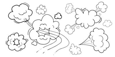 Comic speed motion effect, clouds way, trail set fast wind swirl, puff poof elements isolated on white background. Blow explosion vector