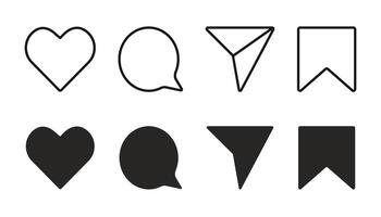 Media Icons interface social media like, chat, send and save symbols. Minimal ig set. Like notification, comment notification, follower notification social media vector