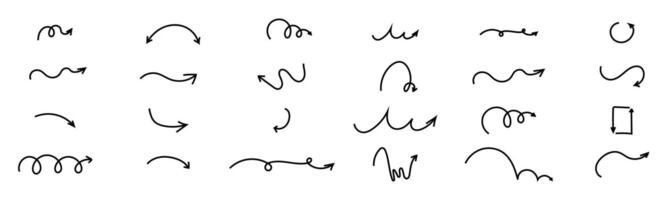 Spiral arrow doodle, wavy twist minimal squiggly line set. Curve comic turn way direction. Playful quirky simple free hand elements. vector