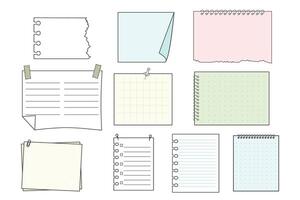 Memo sticky notes, sheet reminder, color office or school pages with tape, marks, pin, paperclip frames doodle style. Notebook bullet dairy list, funny retro drawing. vector