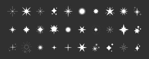 Set white shine sparkle icon glare,light,blink star minimal shape, burst and rays decoration. Twinkle magic comic shine isolated on dark background. vector