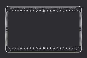 Silver celestial minimal esoteric frame, thin line border, mystyc linear decoration with dots, moon, stars corners isolated on dark background. Geometric shape, tarrot vector