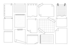 Memo sticky note reminder sheet paper. Doodle paper frame, check list with pin, tape, paperclip elements. Set cute notes, office or school messages. vector