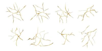 Kintsugi gold simple break lines, asian geaometric crackle. Surface with crack print, effect. Moderm cover golden broken texture. vector