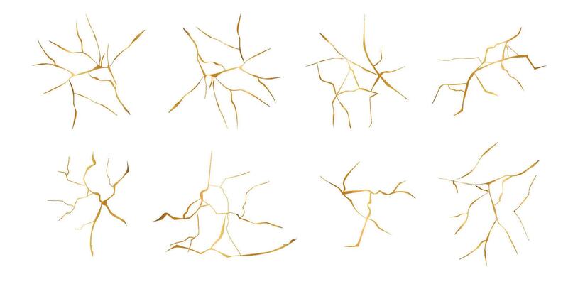Kintsugi gold simple break lines, asian geaometric crackle. Surface with crack print, effect. Moderm cover golden broken texture.