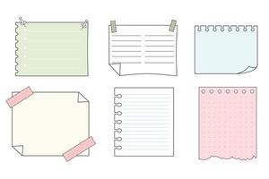 Memo sticky notes, sheet reminder, color office or school pages with tape, marks, pin, paperclip frames doodle style. Notebook bullet dairy list, funny retro drawing. vector