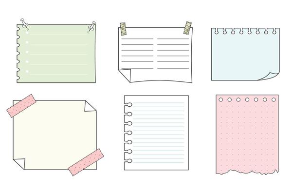 Memo sticky notes, sheet reminder, color office or school pages with tape, marks, pin, paperclip frames doodle style. Notebook bullet dairy list, funny retro drawing.