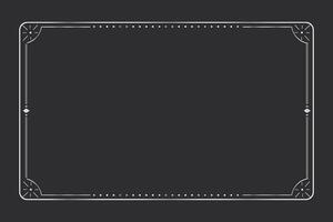 Silver celestial minimal esoteric frame, thin line border, mystyc linear decoration with dots, moon, stars corners isolated on dark background. Geometric shape, tarrot vector