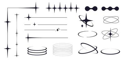 Set of y2k minimal geometric shapes thin line rings, abstract aesthetic element illustrated for banners, social media, poster design, sticker. Trendy design with frame, sparkles, star, lines vector