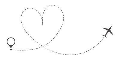 Itinerary dashed trace heart shape, line airplane flight, dotted path, romantic aircraft tracking simple minimal trip isolated on white background. Plan with start point. Tattoo vector